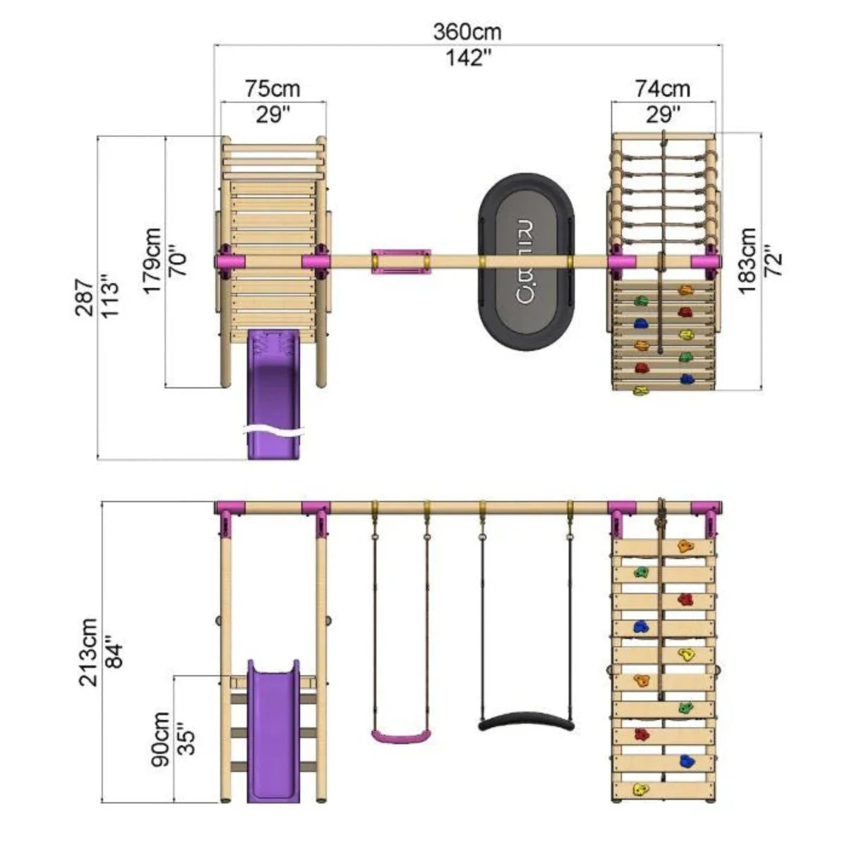 Rebo Double Swing Set with Climbing Wall and Slide - Quartz Purple