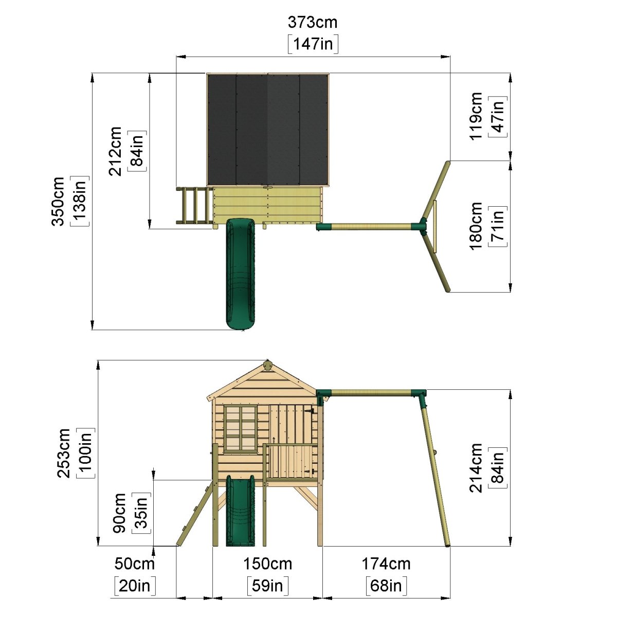 Rebo Playhouse and Single Swing Set with Slide - Solar Green