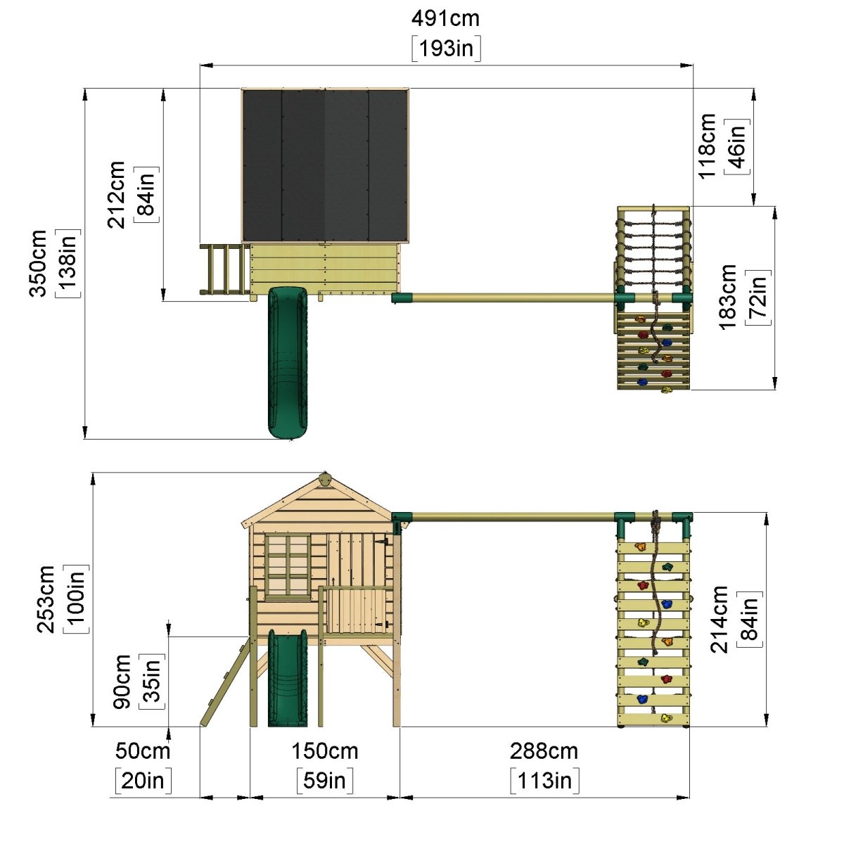 Rebo Playhouse and Double Swing Set with Climbing Wall and Slide - Luna Green