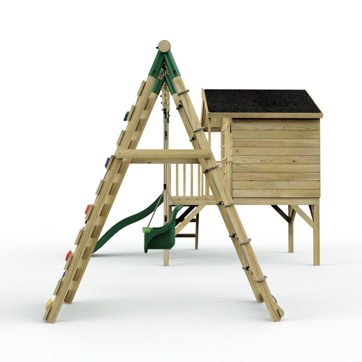 Rebo Playhouse and Double Swing Set with Climbing Wall and Slide - Luna Green