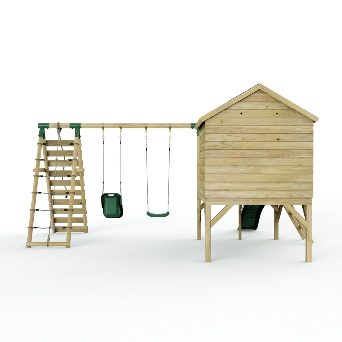 Rebo Playhouse and Double Swing Set with Climbing Wall and Slide - Luna Green