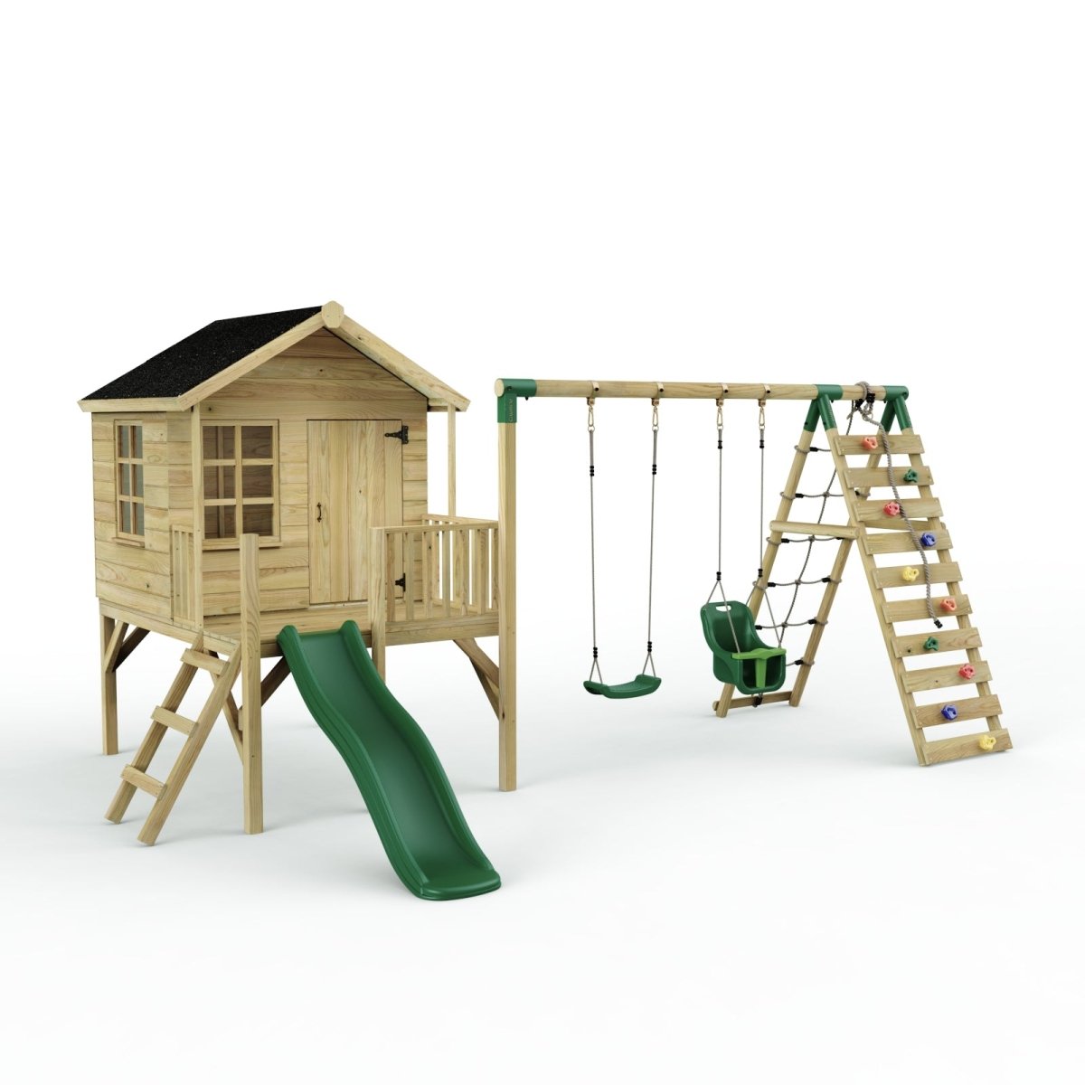 Rebo Playhouse and Double Swing Set with Climbing Wall and Slide - Luna Green