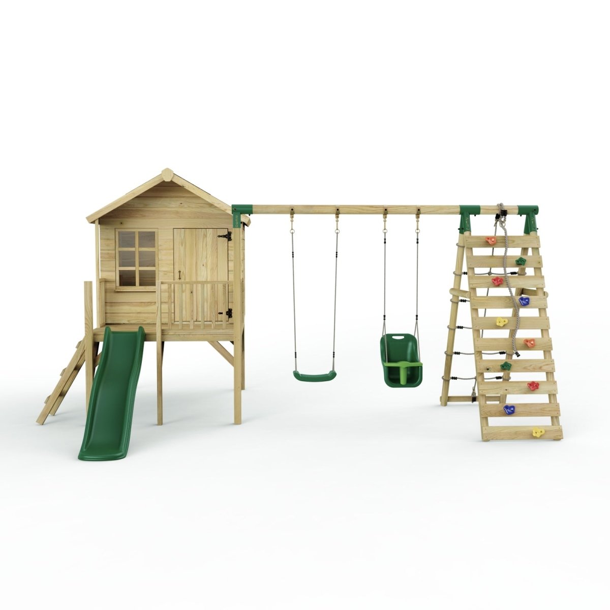 Rebo Playhouse and Double Swing Set with Climbing Wall and Slide - Luna Green
