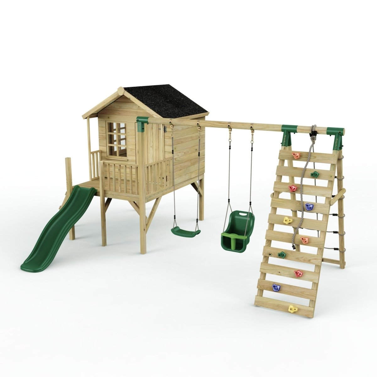 Rebo Playhouse and Double Swing Set with Climbing Wall and Slide - Luna Green