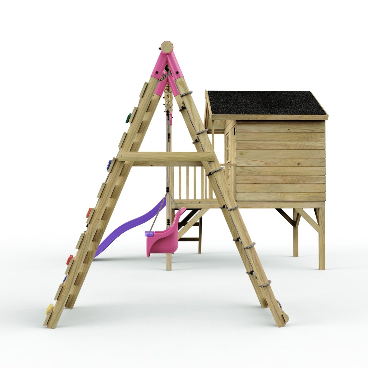 Rebo Playhouse and Double Swing Set with Climbing Wall and Slide - Luna Purple