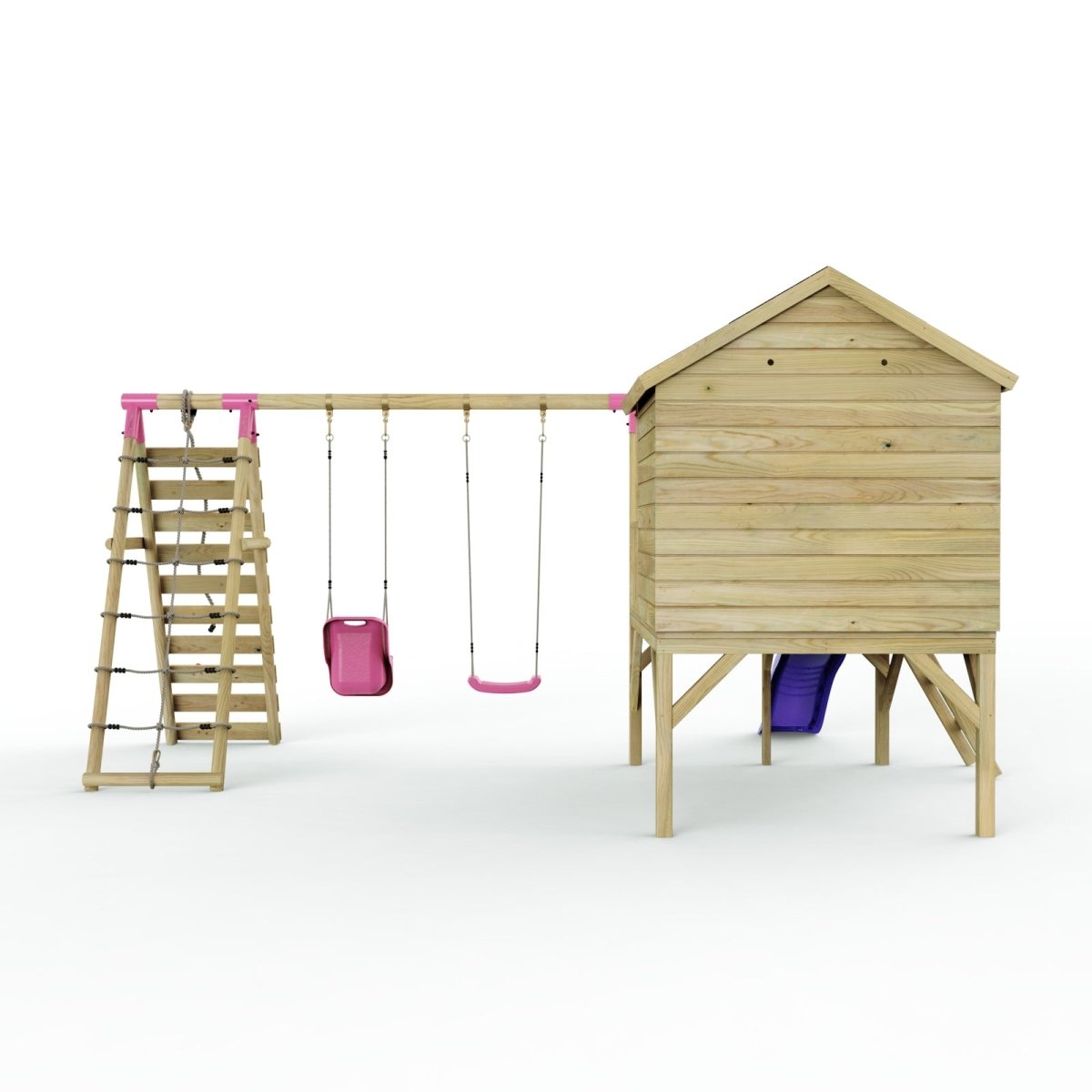 Rebo Playhouse and Double Swing Set with Climbing Wall and Slide - Luna Purple