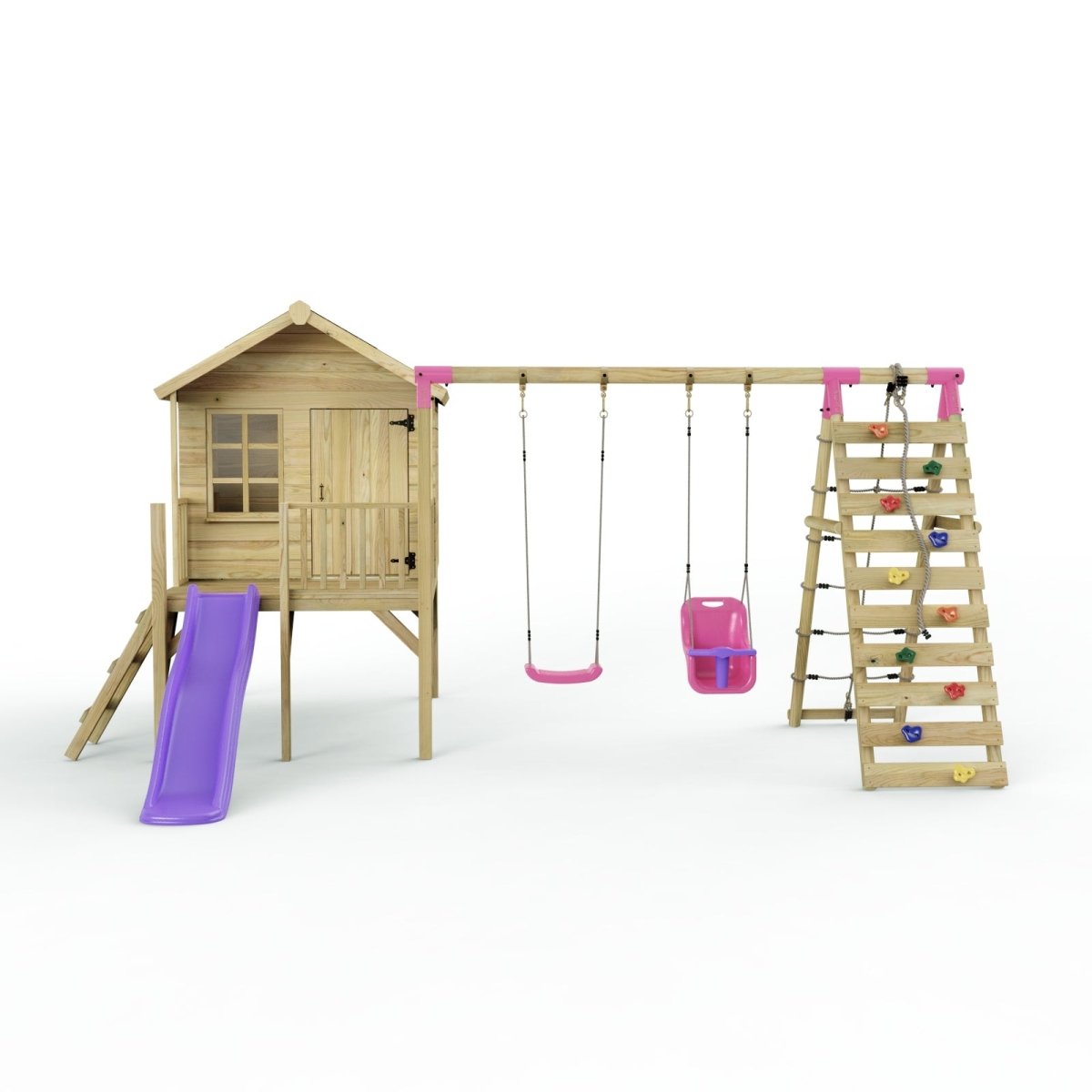 Rebo Playhouse and Double Swing Set with Climbing Wall and Slide - Luna Purple