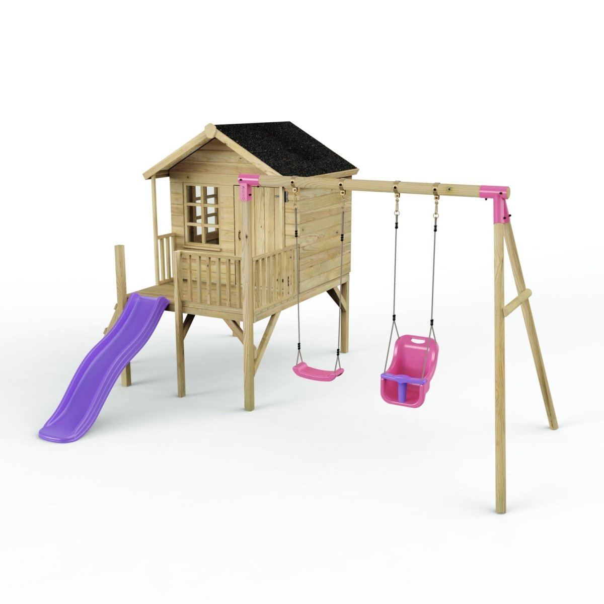 Rebo Playhouse and Double Swing Set with Slide - Luna Purple