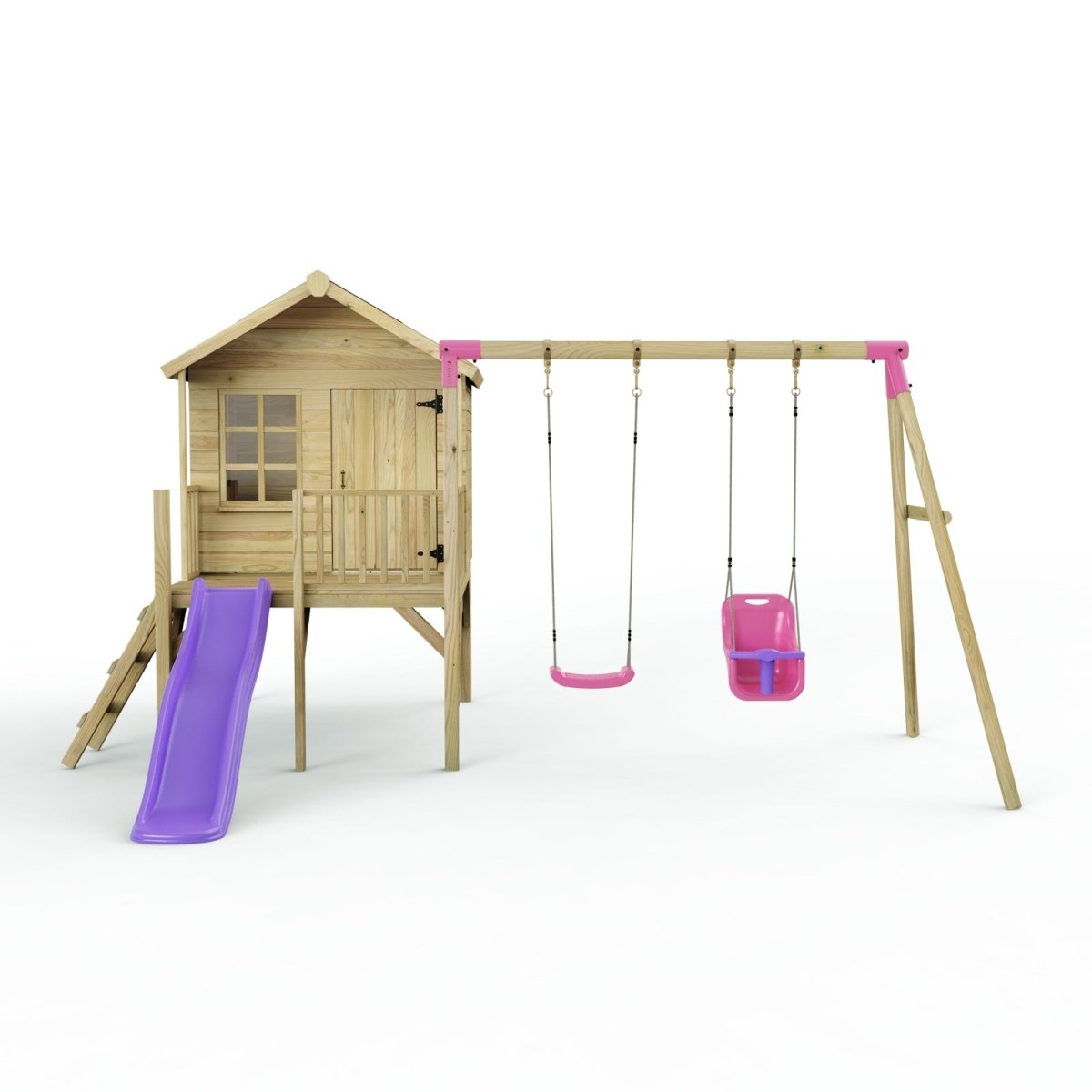 Rebo Playhouse and Double Swing Set with Slide - Luna Purple