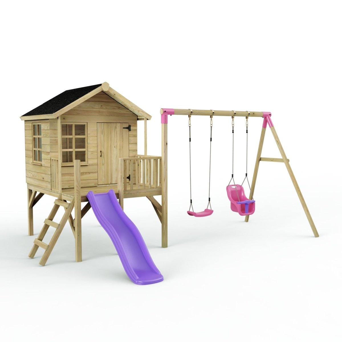 Rebo Playhouse and Double Swing Set with Slide - Luna Purple
