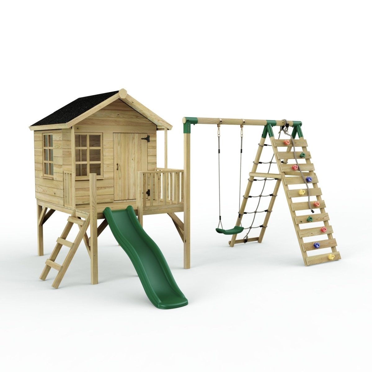 Rebo Playhouse and Single Swing Set with Climbing Wall and Slide - Solar Green