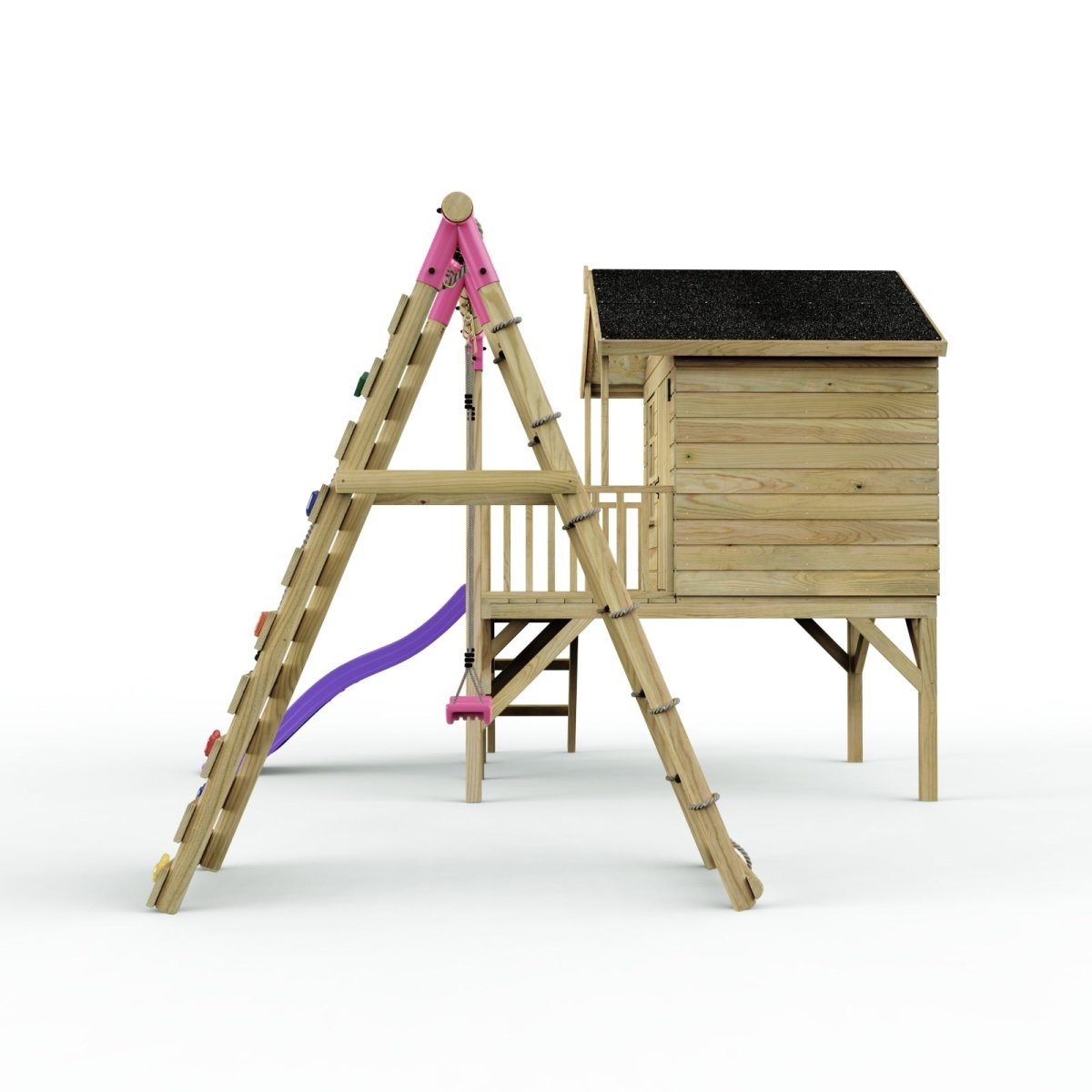 Rebo Playhouse and Single Swing Set with Climbing Wall and Slide - Solar Purple