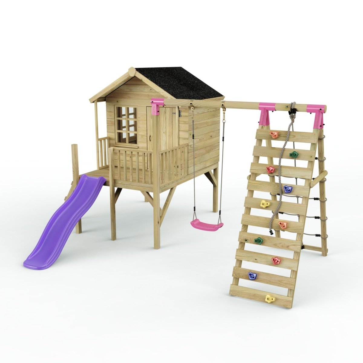 Rebo Playhouse and Single Swing Set with Climbing Wall and Slide - Solar Purple