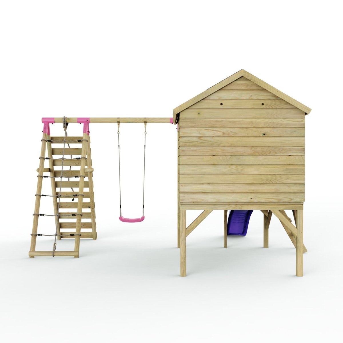 Rebo Playhouse and Single Swing Set with Climbing Wall and Slide - Solar Purple