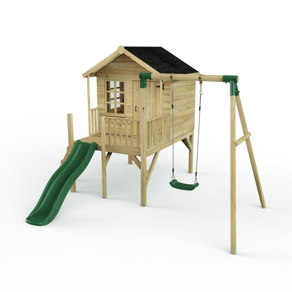 Rebo Playhouse and Single Swing Set with Slide - Solar Green