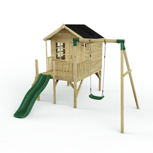 Rebo Playhouse and Single Swing Set with Slide - Solar Green