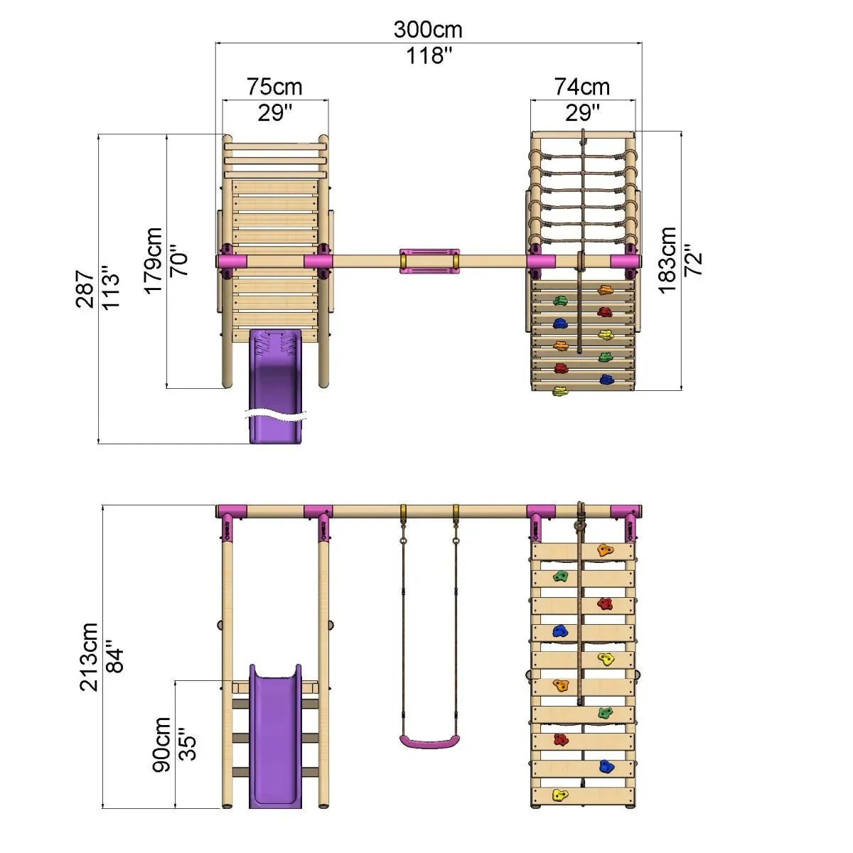 Rebo Single Swing Set with Climbing Wall and Slide - Amber Purple