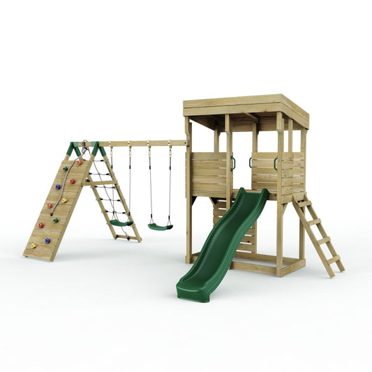 ClassicPlay Outpost XL Lookout Tower with 1.2m Deck, Double Swing, Climbing Wall and Slide