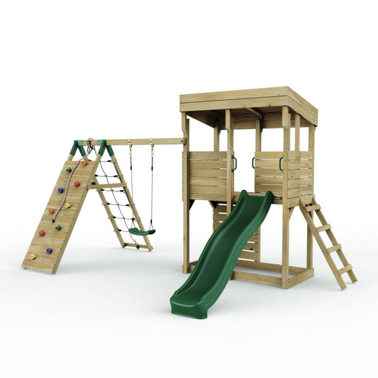 ClassicPlay Outpost XL Lookout Tower with 1.2m Deck, Single Swing, Climbing Wall and Slide