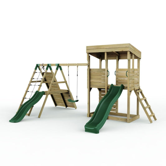 ClassicPlay Outpost XL Lookout Tower with 1.2m Deck, Single Swing, Climbing Wall and Slides